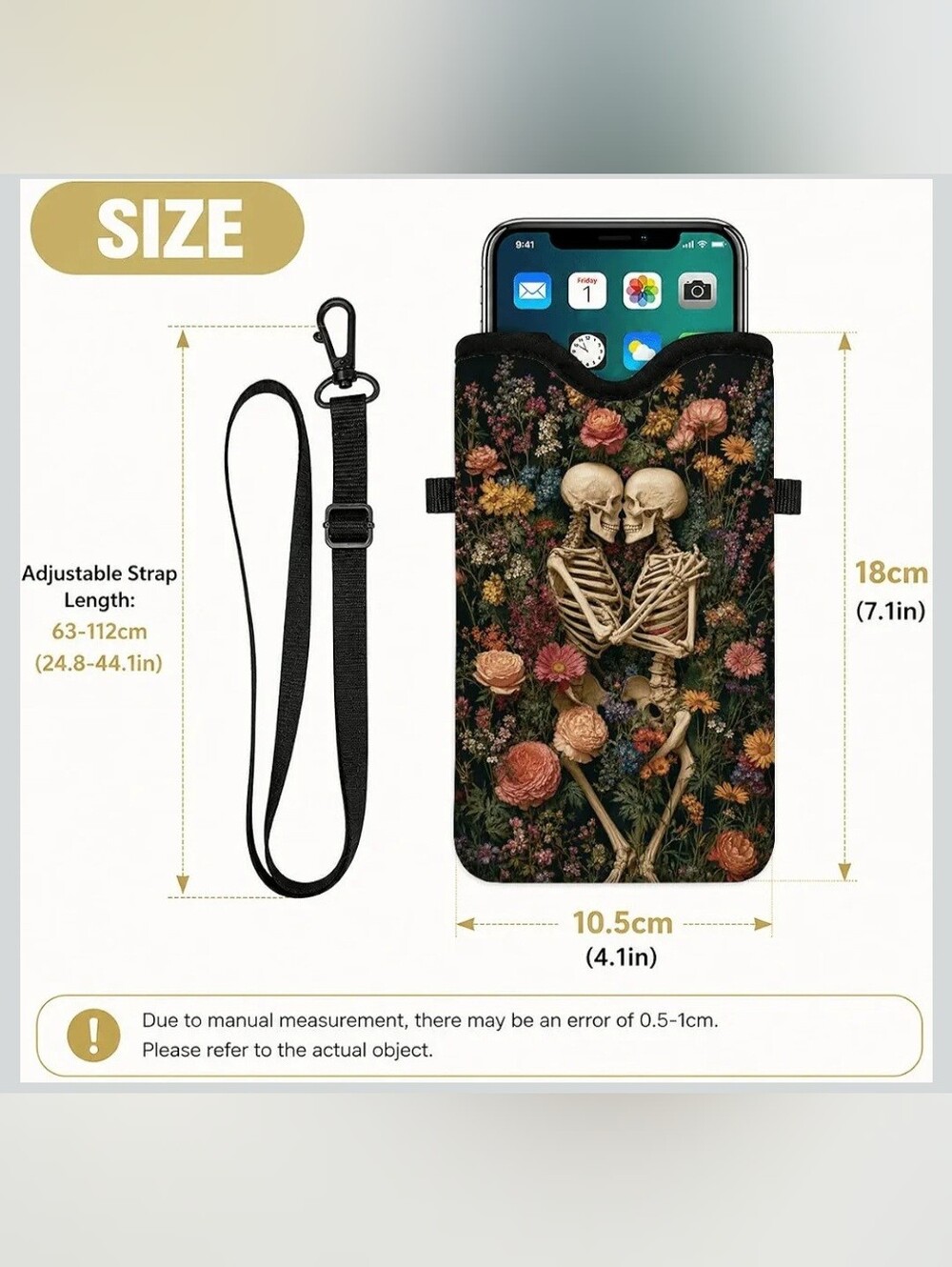 Floral Skeleton Crossbody Phone Pouch - Black Strap - Picture 3 of 6
